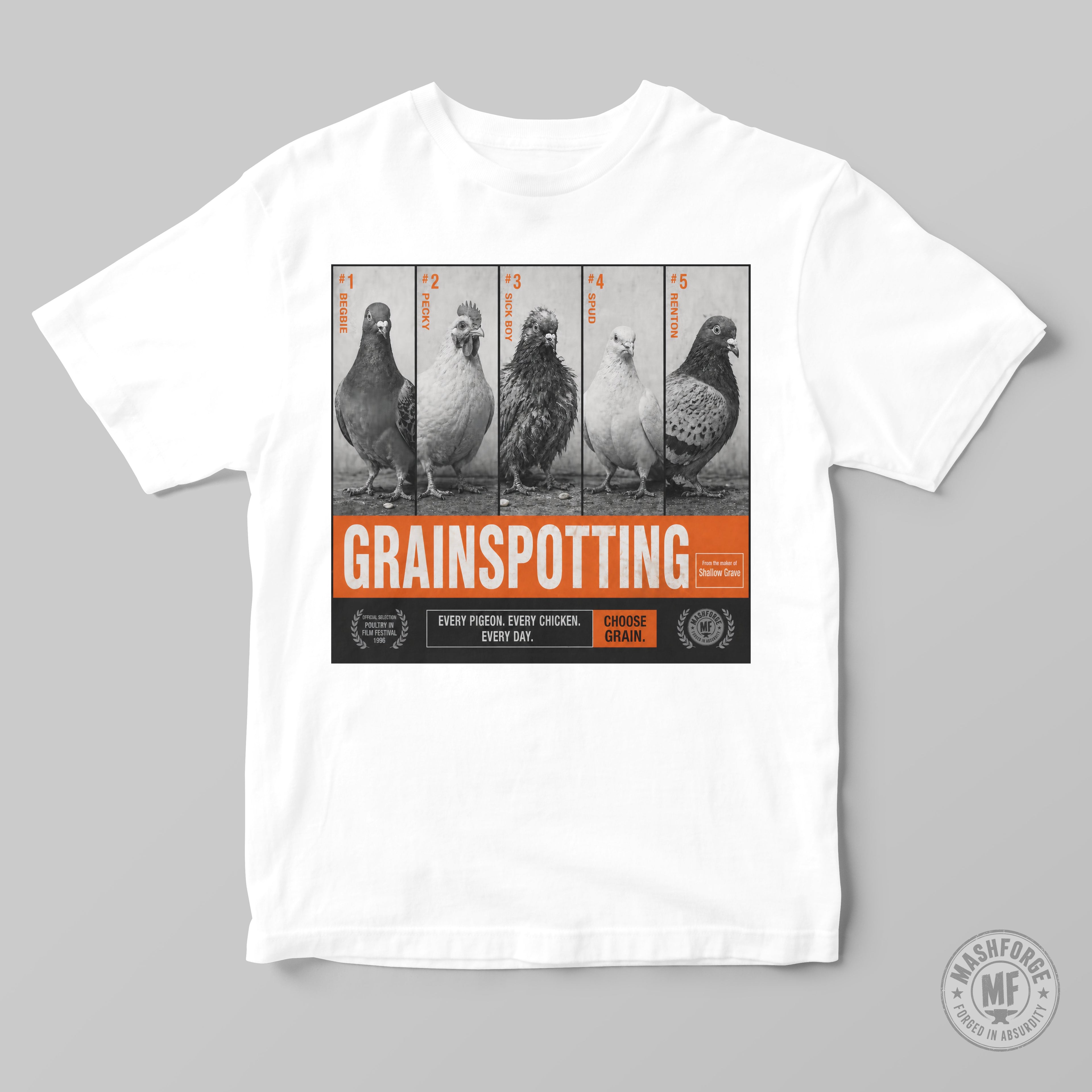 White t-shirt with 'Grainspotting' graphic featuring pigeons on a gray background