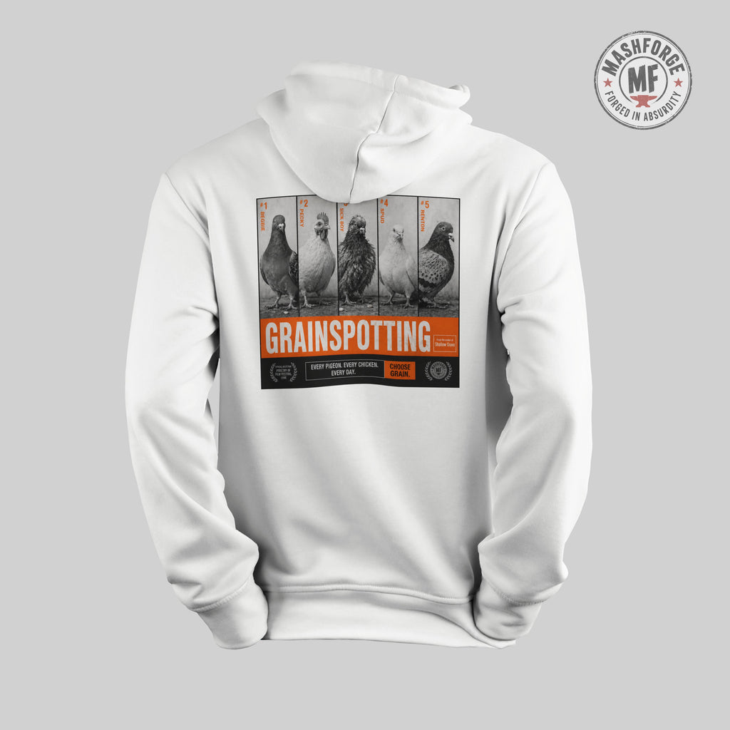 White hoodie with 'Grainspotting' graphic on a gray background