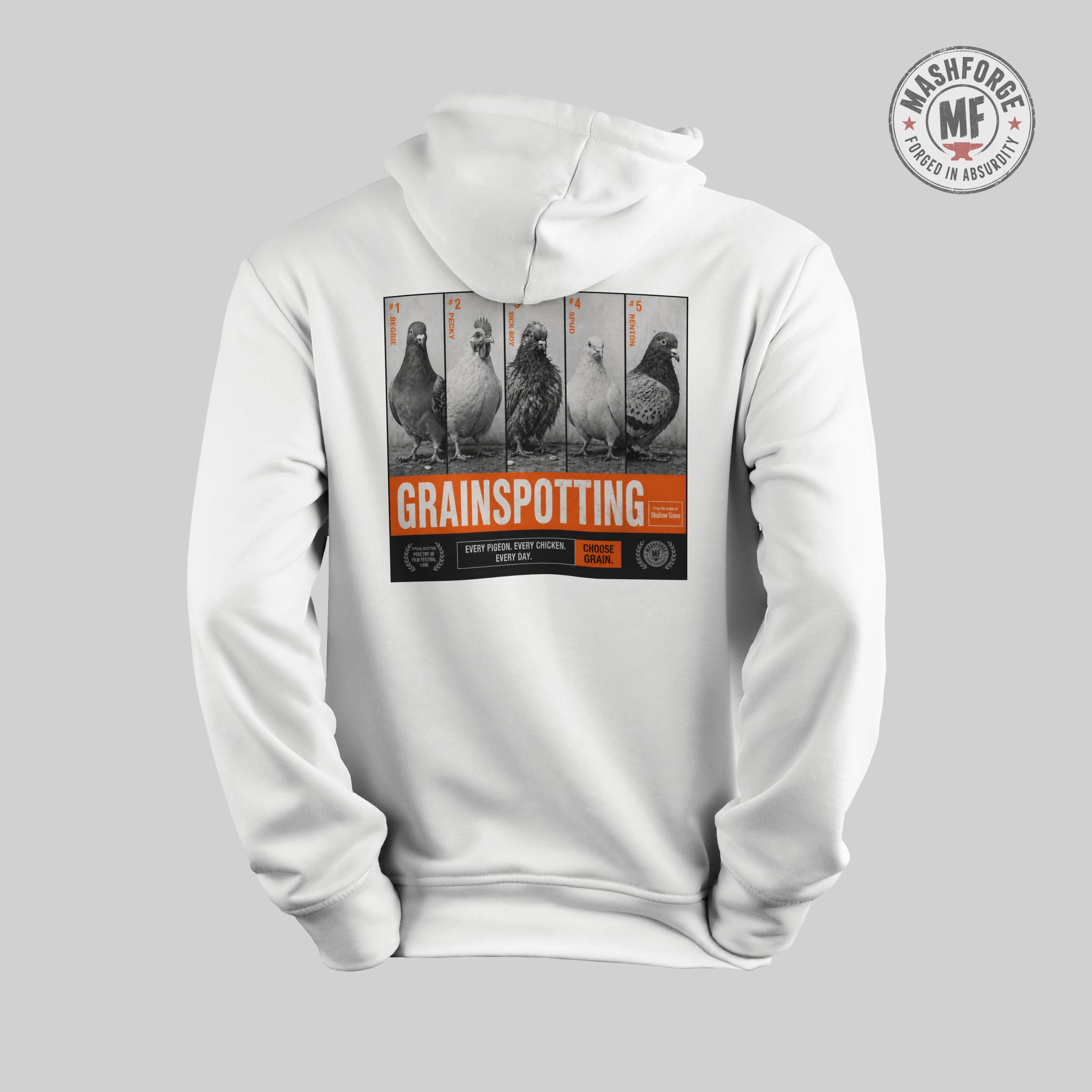 White hoodie with 'Grainspotting' graphic on a gray background