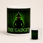 Mug with Matrix-themed design featuring a silhouette and text on a green background
