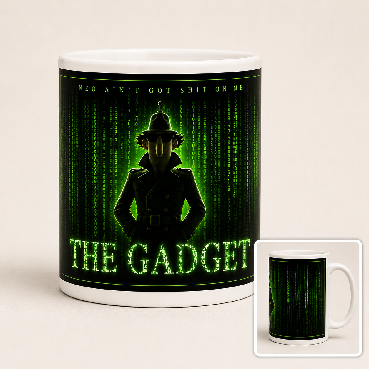Mug with Matrix-themed design featuring a silhouette and text on a green background