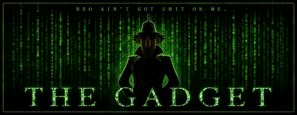 Silhouette of a inspector gadget wearing a hat with text overlay on a green matrix-style background
