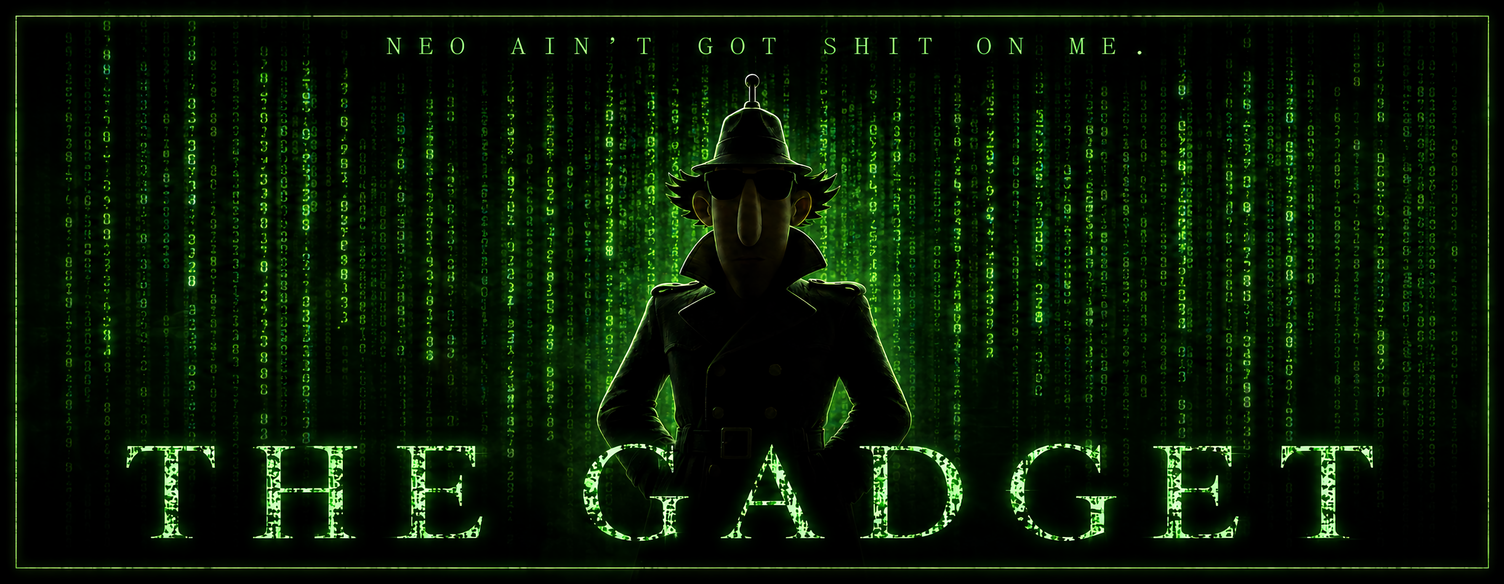 Silhouette of a inspector gadget wearing a hat with text overlay on a green matrix-style background