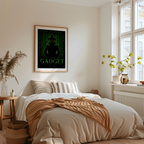 Bedroom with a bed, framed matrix inspector gadget poster on the wall, and plants.