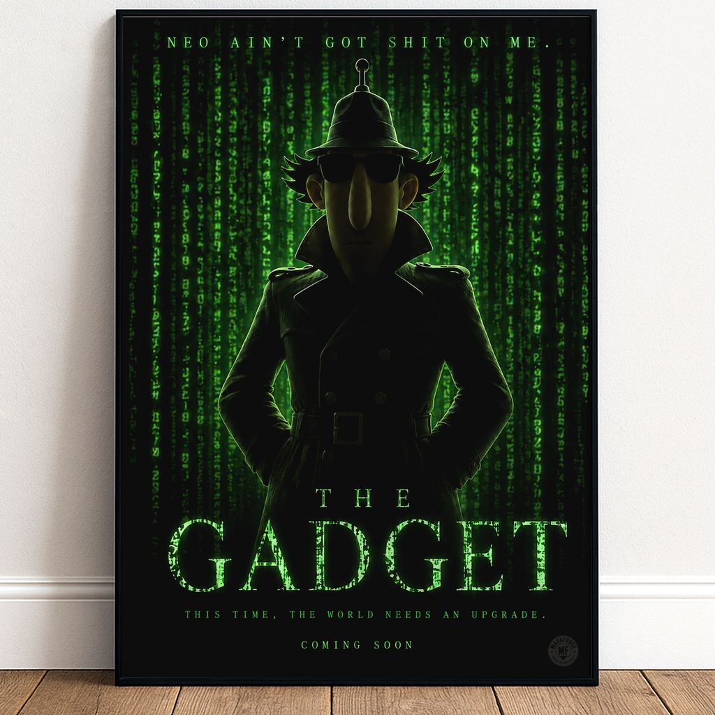 Poster of a inspector gadget character in a trench coat with text on a green matrix background