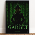 Poster of a inspector gadget character in a trench coat with text on a green matrix background