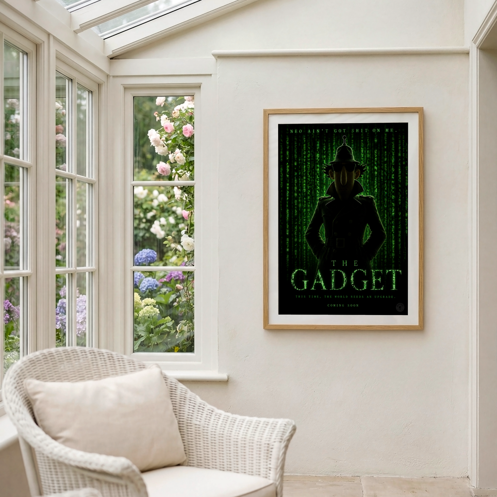 Framed poster of 'The Gadget' on a wall with a window showing flowers.