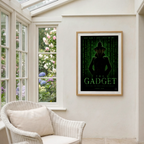 Framed poster of 'The Gadget' on a wall with a window showing flowers.