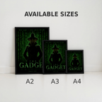 Three framed posters of 'The Gadget' with text indicating available sizes A2, A3, and A4 on a white background.