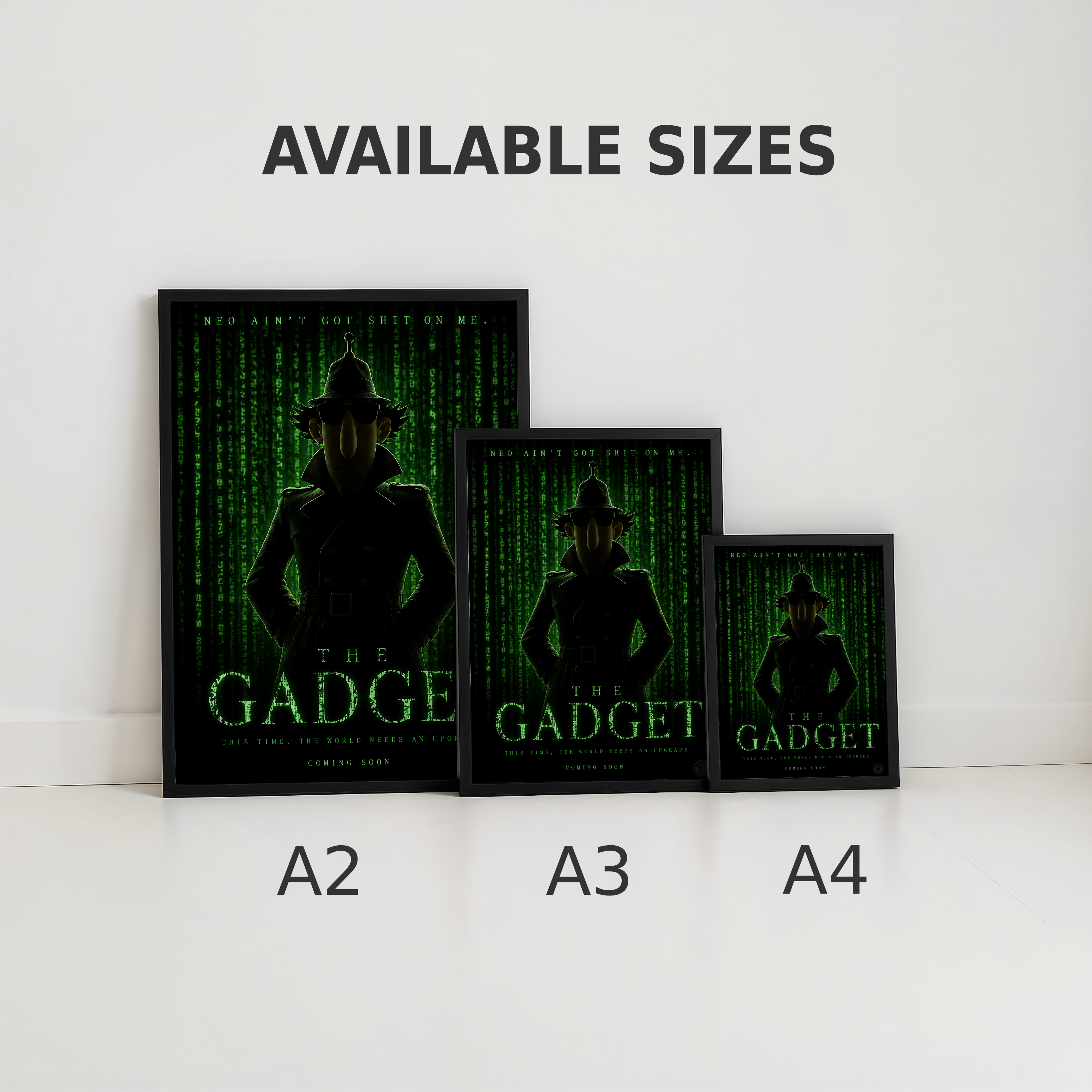 Three framed posters of 'The Gadget' with text indicating available sizes A2, A3, and A4 on a white background.