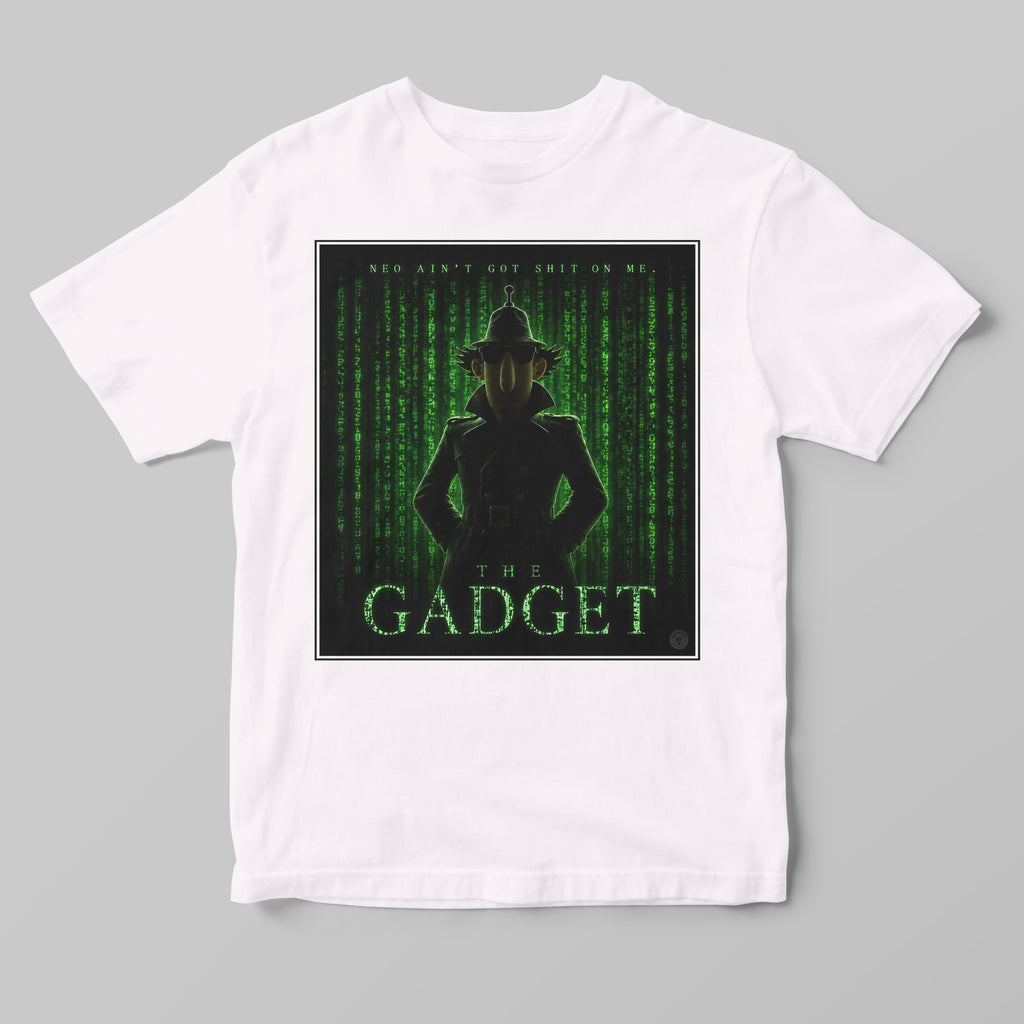 White t-shirt with a matrix-style graphic design featuring an inspector gadget silhouette and text on a gray background