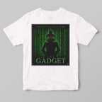 White t-shirt with a matrix-style graphic design featuring an inspector gadget silhouette and text on a gray background
