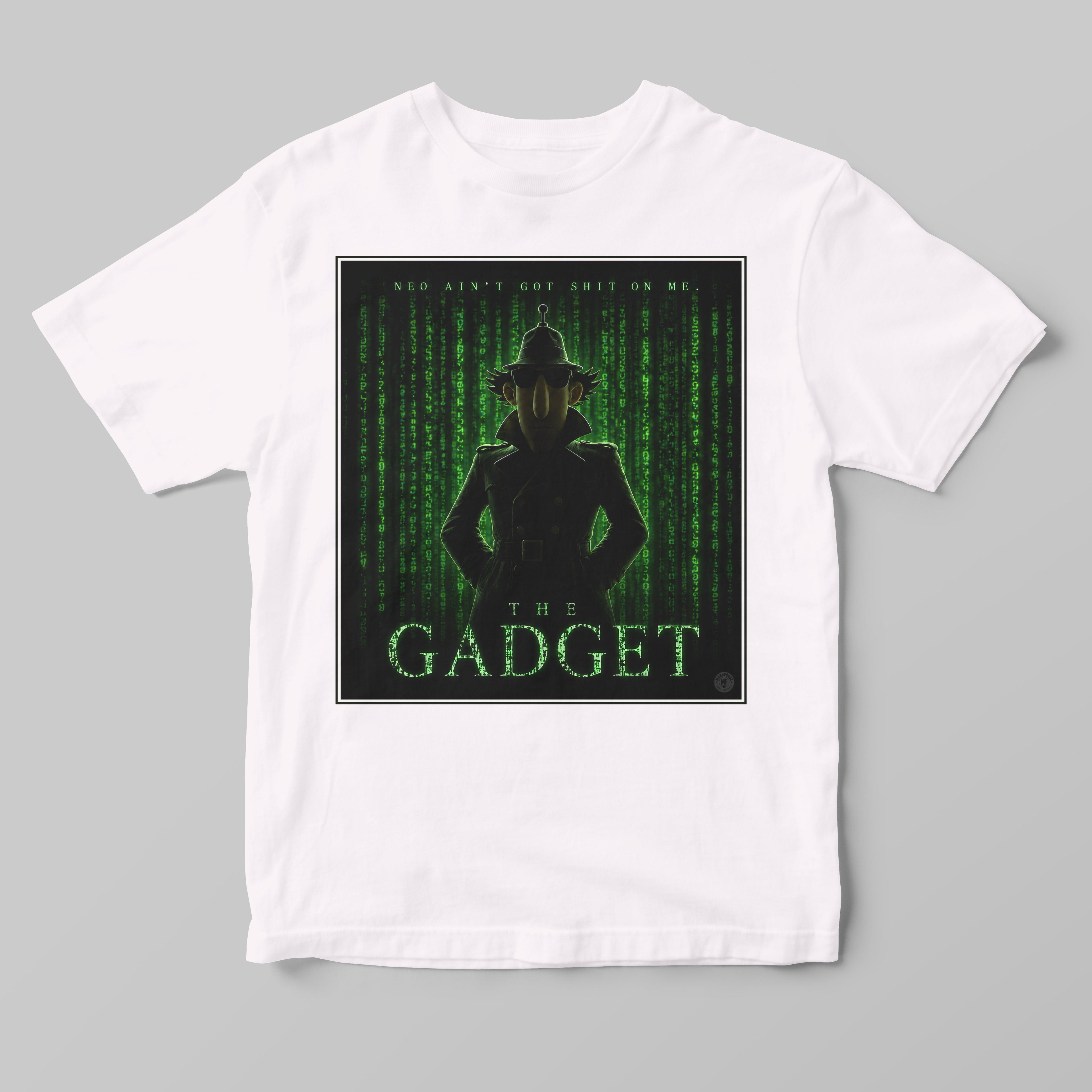 White t-shirt with a matrix-style graphic design featuring an inspector gadget silhouette and text on a gray background