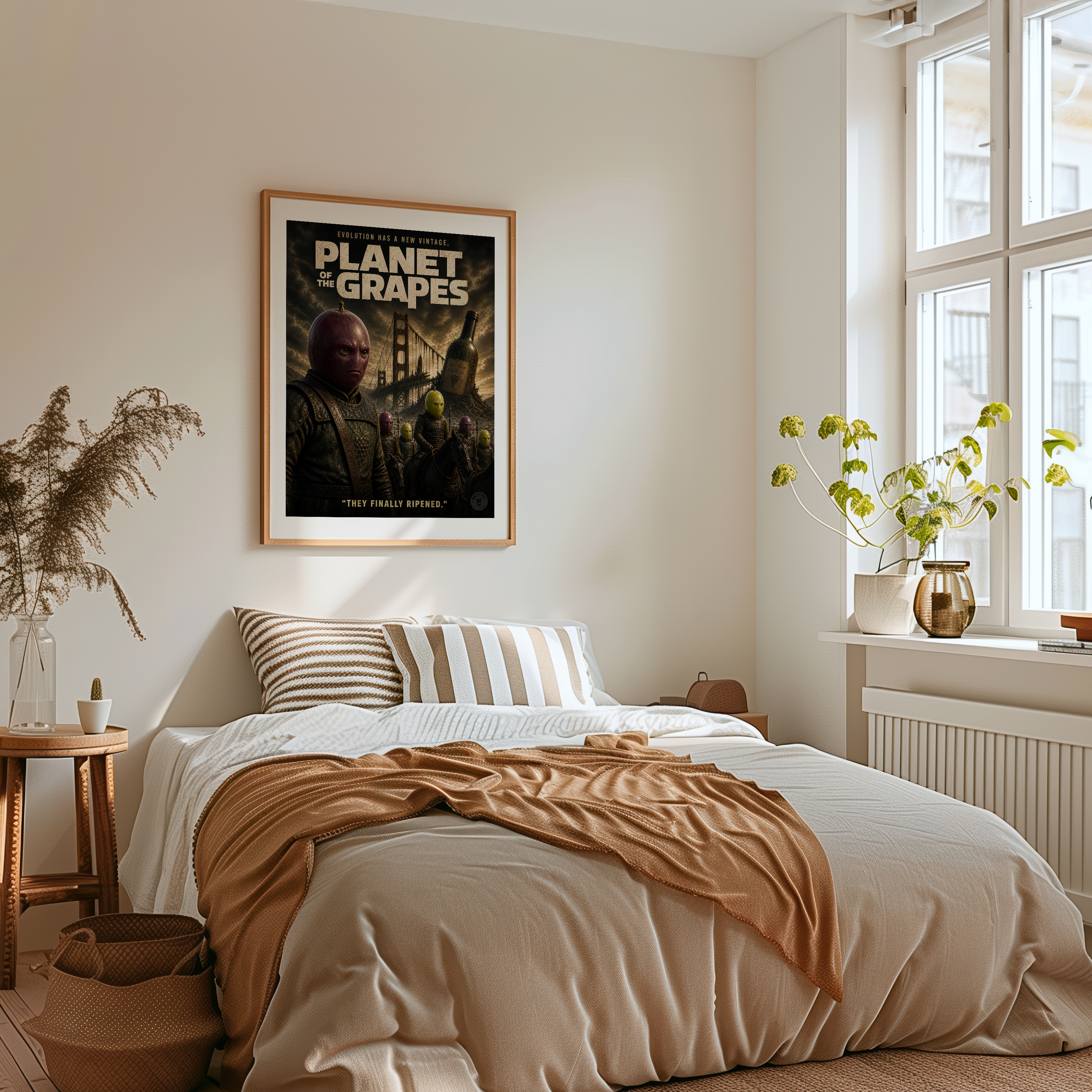 Bedroom with a bed, framed planet of the grapes funny poster on the wall, and plants.