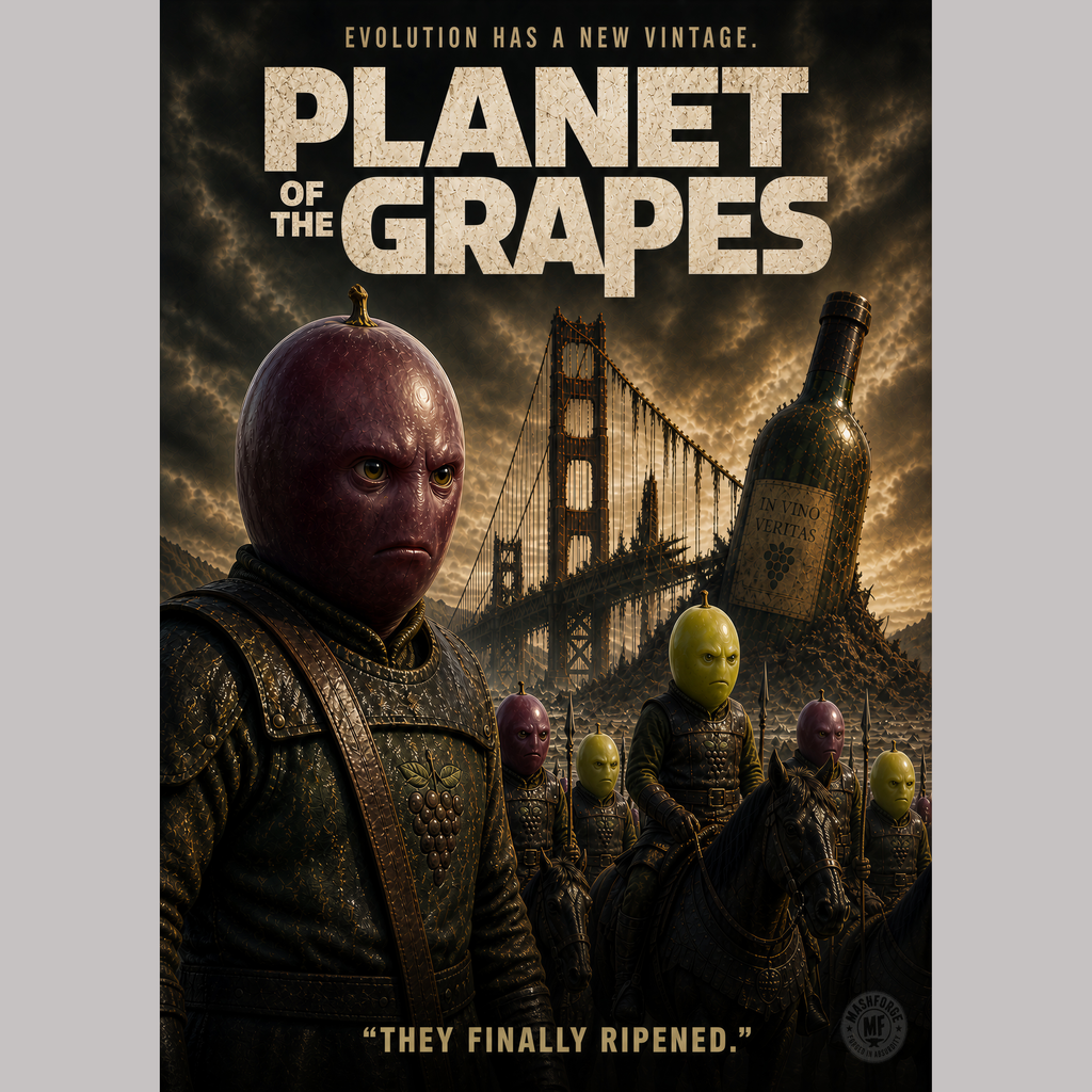 Movie poster for 'Planet of the Grapes' with characters and a bottle against a bridge background.