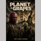 Movie poster for 'Planet of the Grapes' with characters and a bottle against a bridge background.