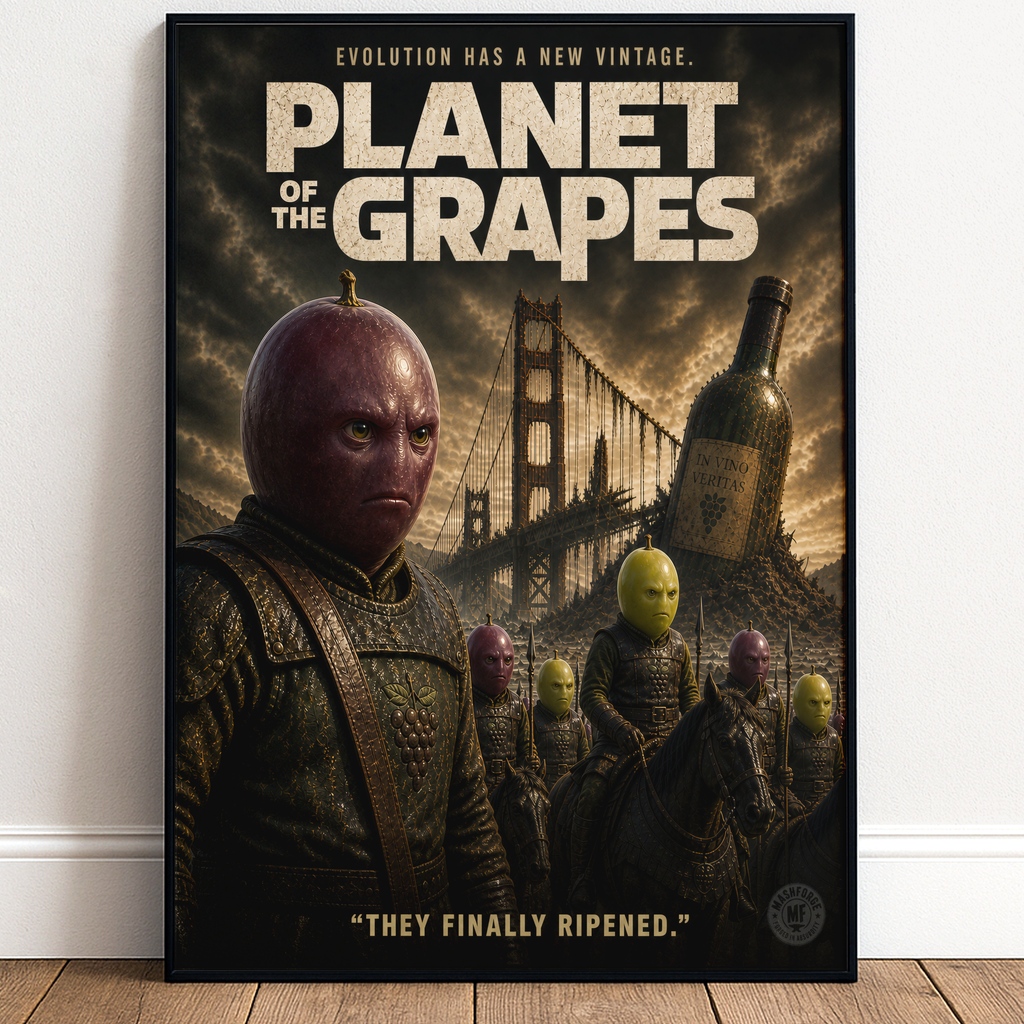 Satirical movie poster titled 'Planet of the Grapes' with characters resembling grapes and a bottle, set against a cityscape.