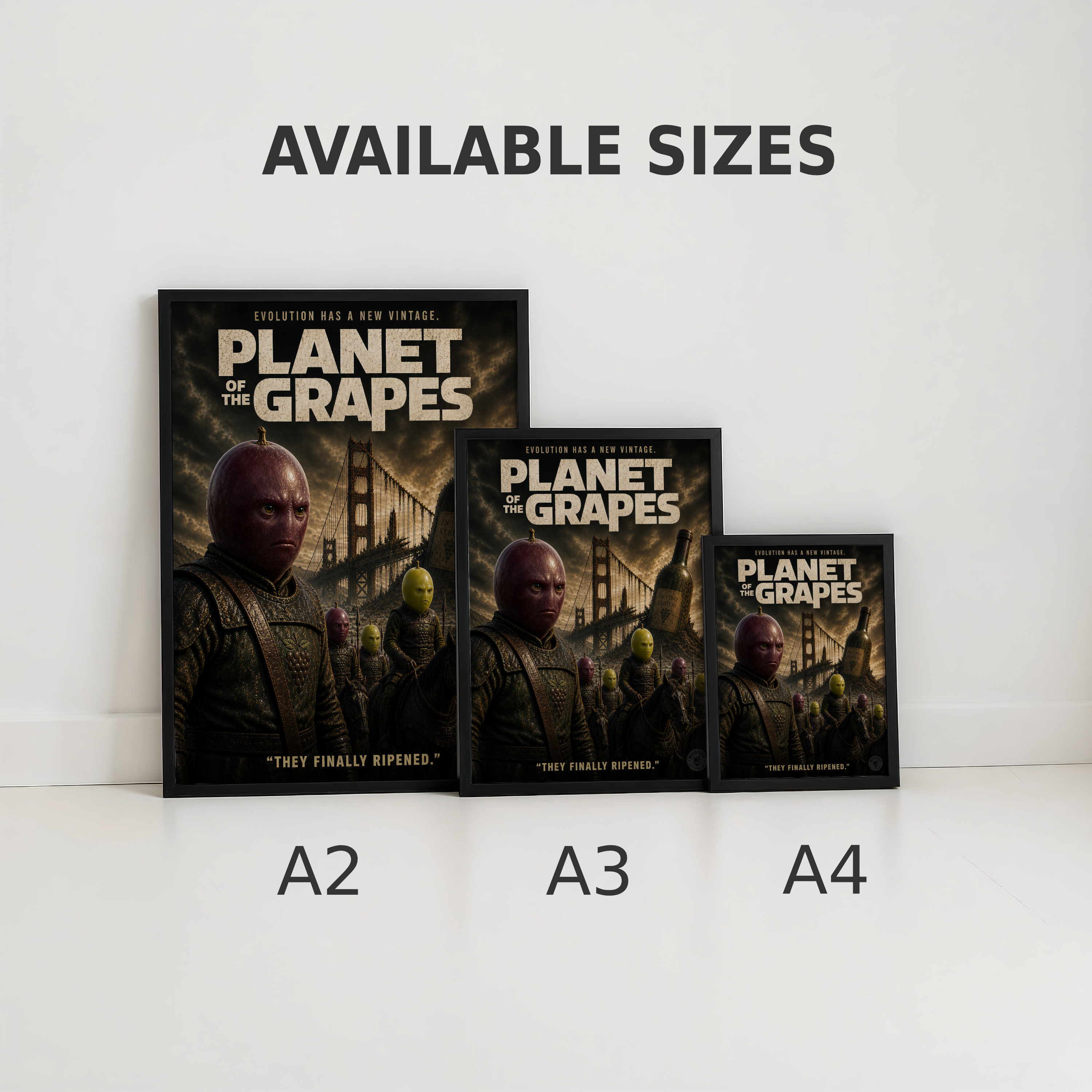 Three framed posters of 'Planet of the Grapes' with available sizes A2, A3, and A4 displayed below.