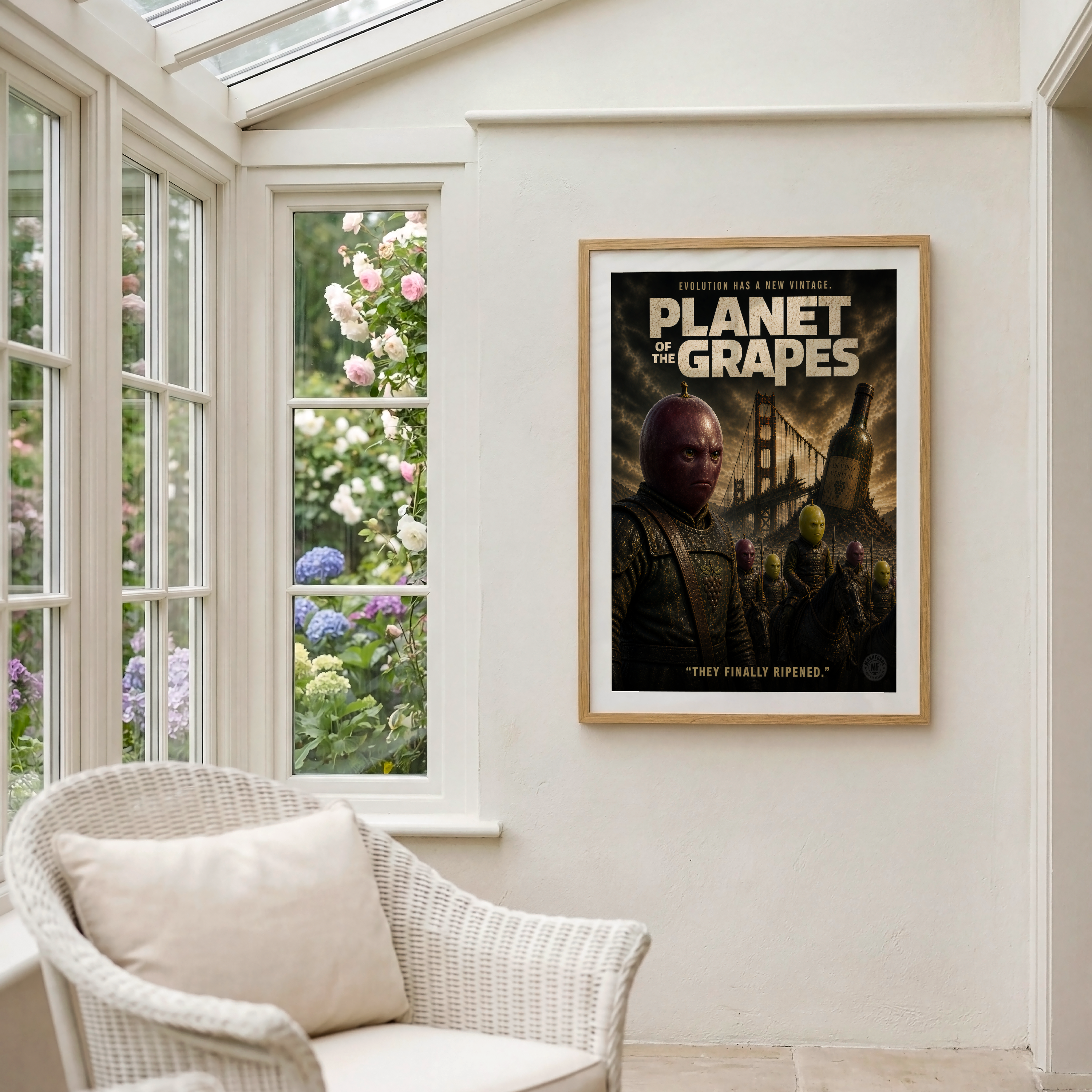 Framed 'Planet of the Grapes' poster on a wall with a window showing flowers.