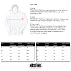 Size guide for a hoodie with measurement instructions and Mashforge logo.