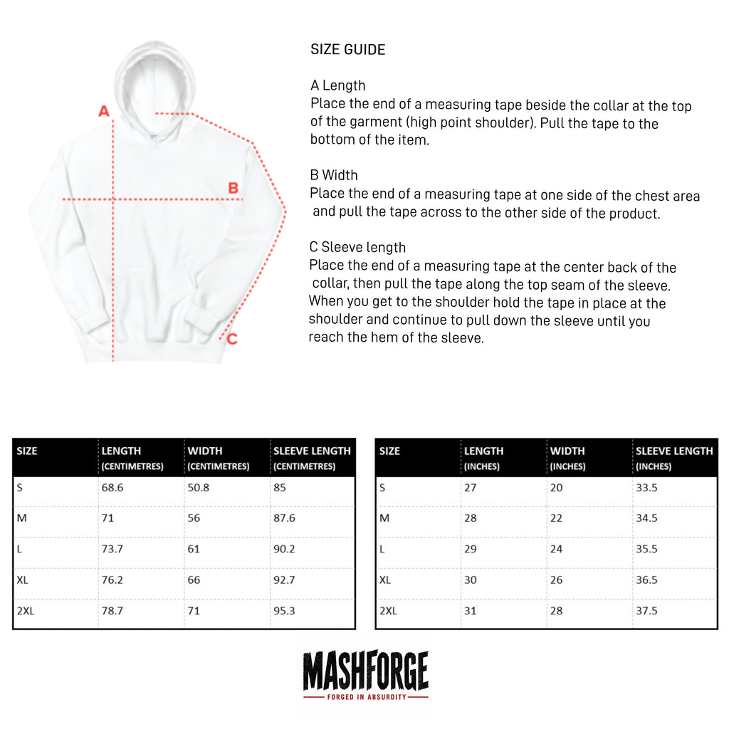 Size guide for a hoodie with measurement instructions and Mashforge logo.