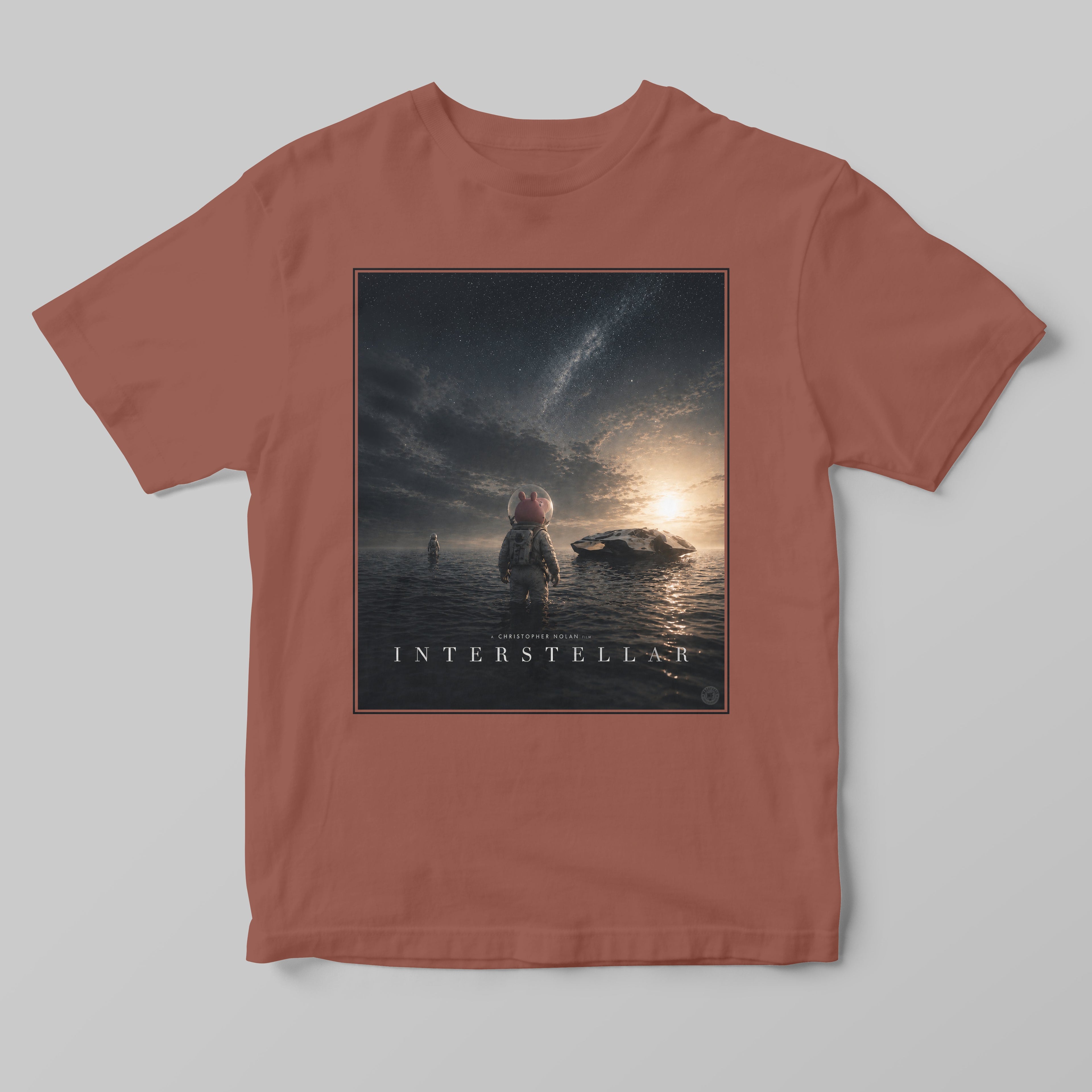 a orange brown funny parody t-shirt featuring peppa pig as a space explorer in an interstellar movie poster