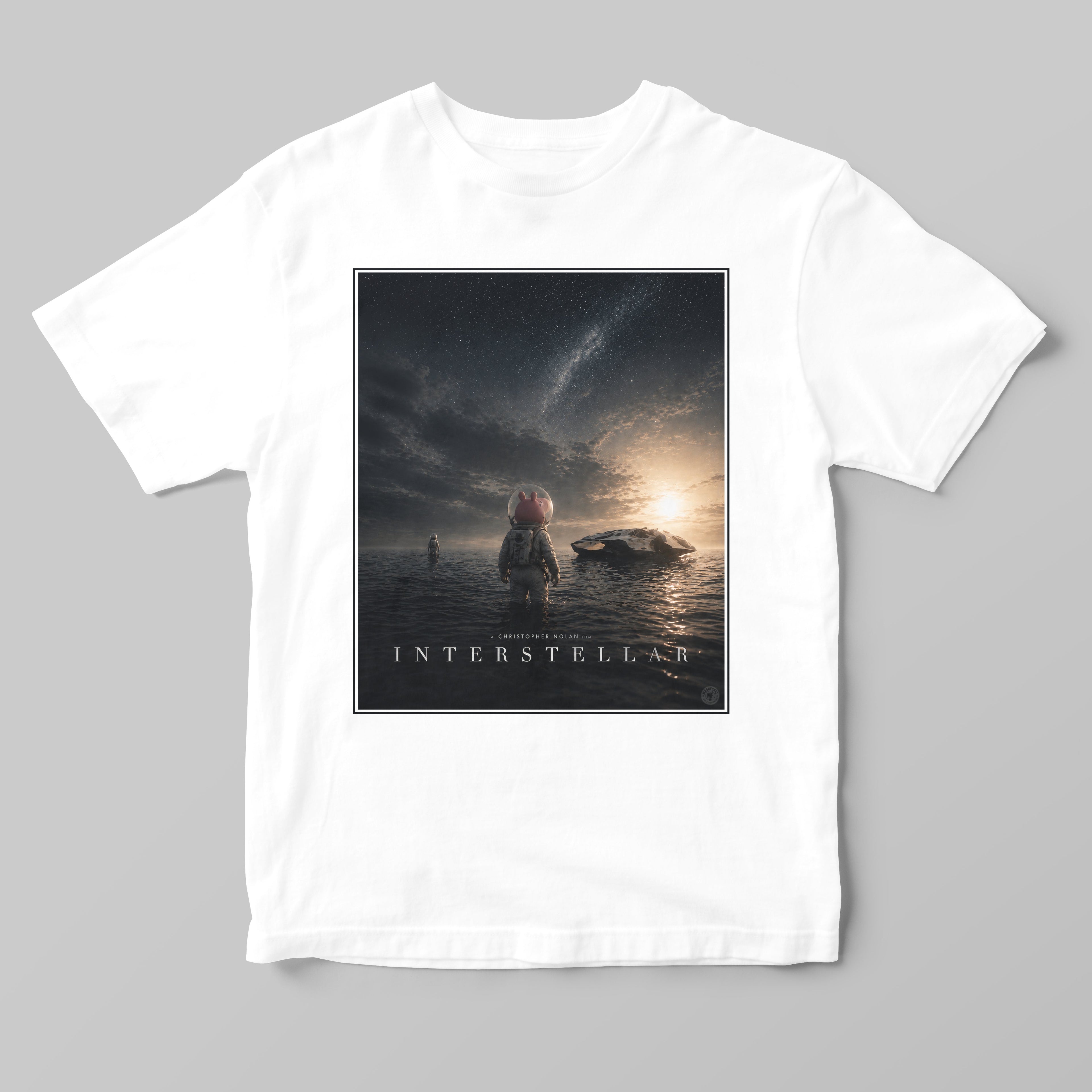 a white parody t-short featuring peppa pig as a space explorer in an interstellar movie poster