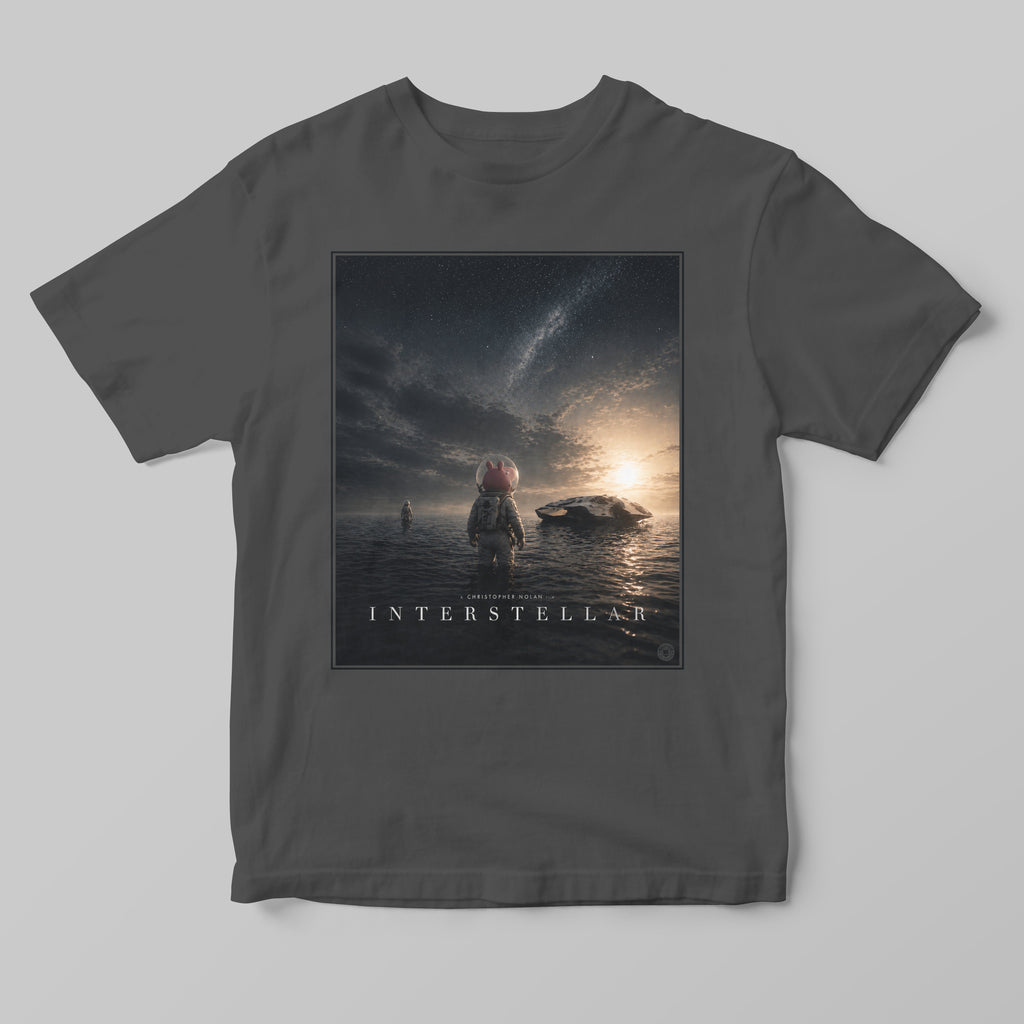 a grey funny parody t-short featuring peppa pig as a space explorer in an interstellar movie poster