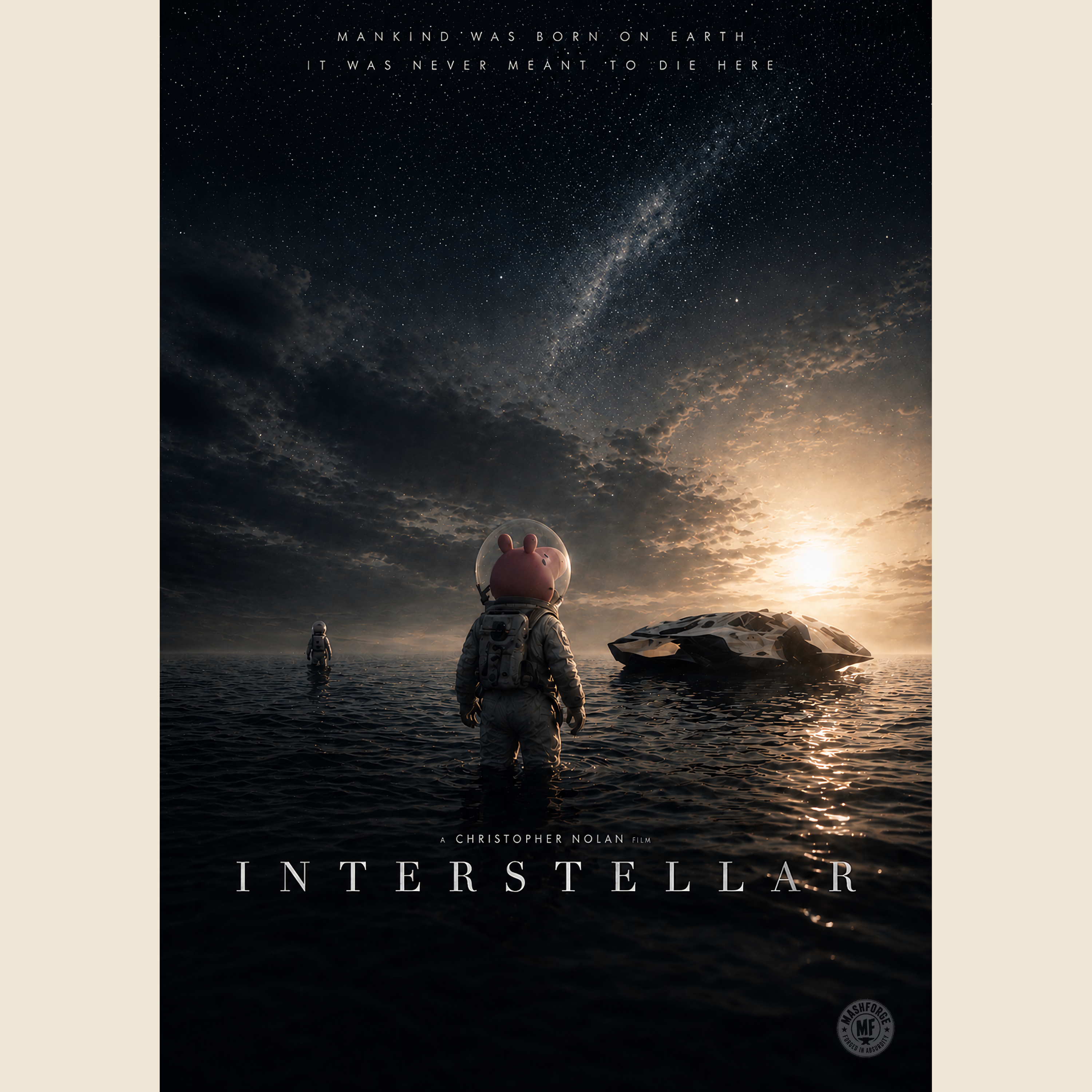 Movie poster for 'Interstellar' with a cartoon pig character in space gear standing in water under a starry sky.