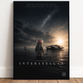 Movie poster for 'Interstellar' with a cartoon pig in a spacesuit standing in water, looking at a sunset.