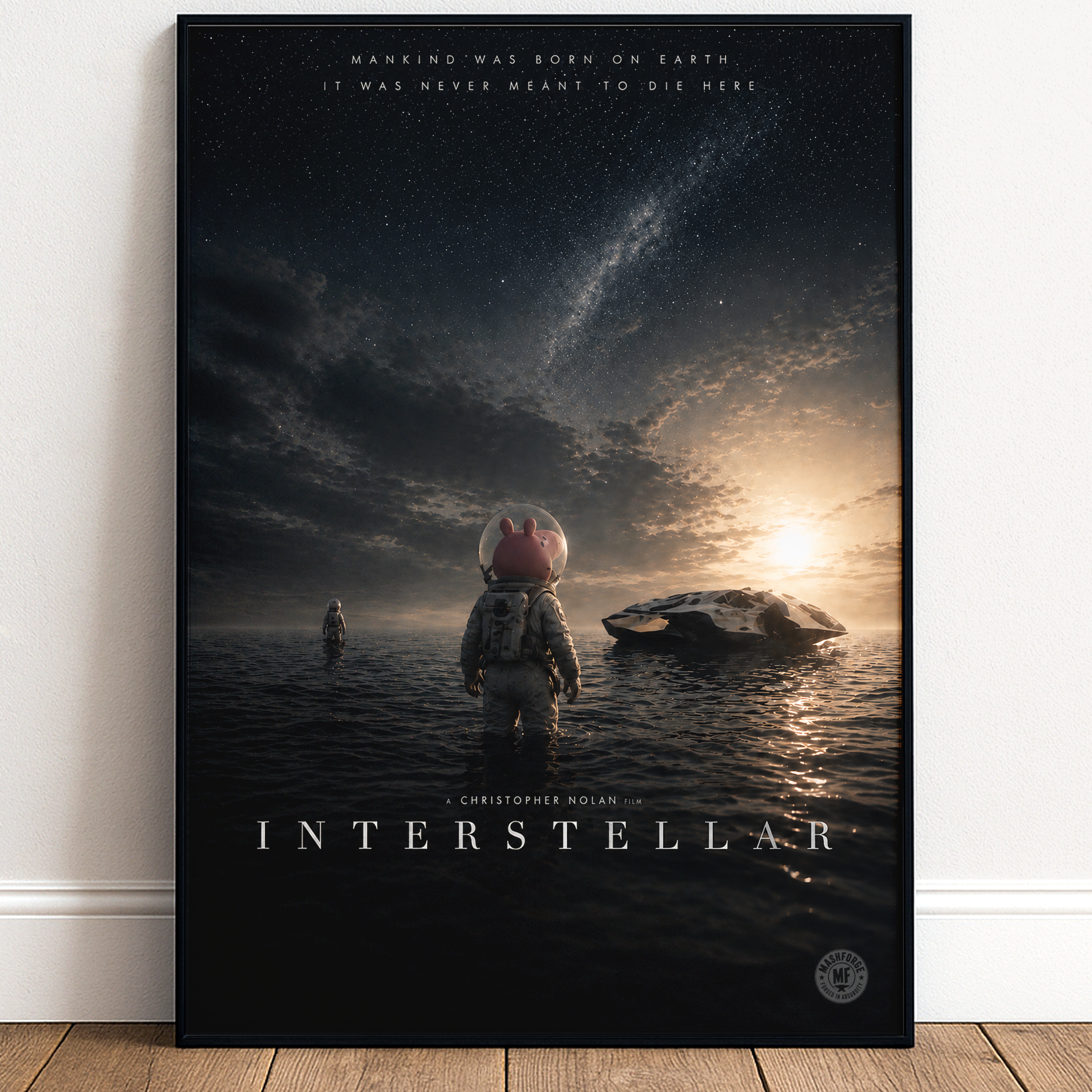 Movie poster for 'Interstellar' with a cartoon pig in a spacesuit standing in water, looking at a sunset.