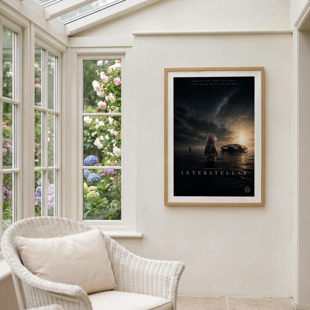 Framed funny 'Interstellar' peppa pig parody movie poster on a wall with a window showing flowers.