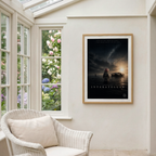 Framed funny 'Interstellar' peppa pig parody movie poster on a wall with a window showing flowers.