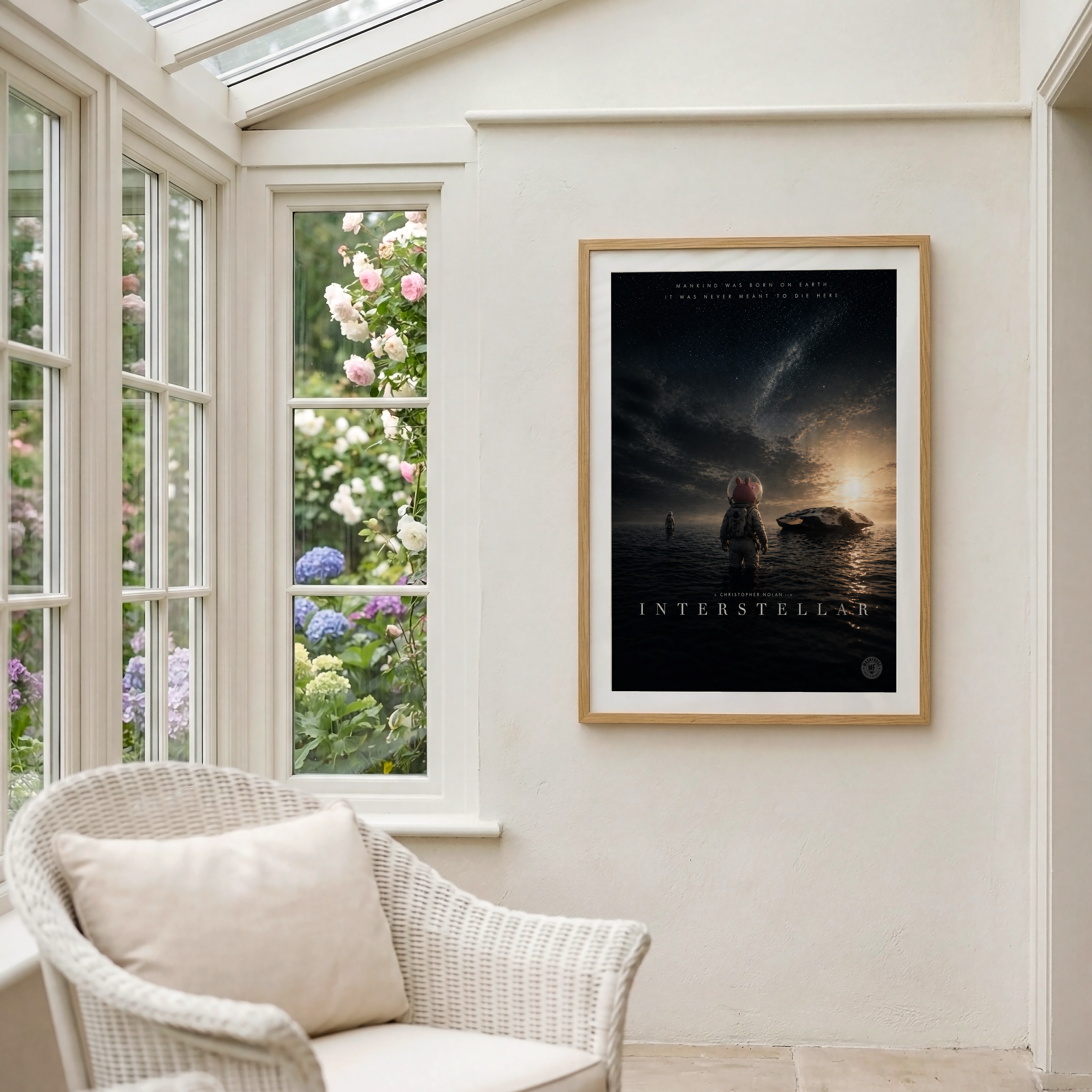 Framed funny 'Interstellar' peppa pig parody movie poster on a wall with a window showing flowers.