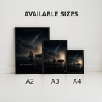 Three framed movie posters of 'Interstellar' in different sizes on a white surface.