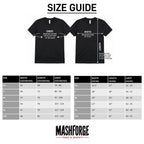 Size guide for t-shirts with measurements and Mashforge logo.