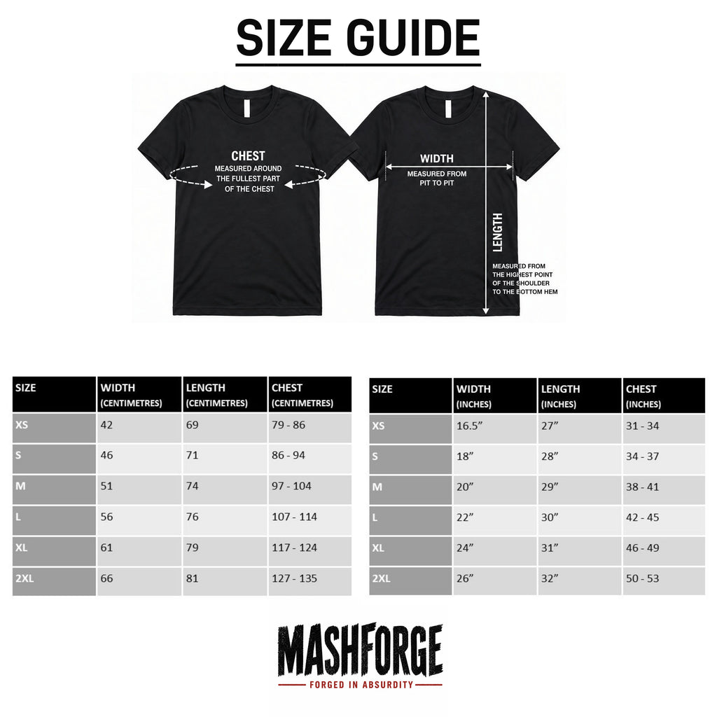 Size guide for t-shirts with measurements and Mashforge logo.