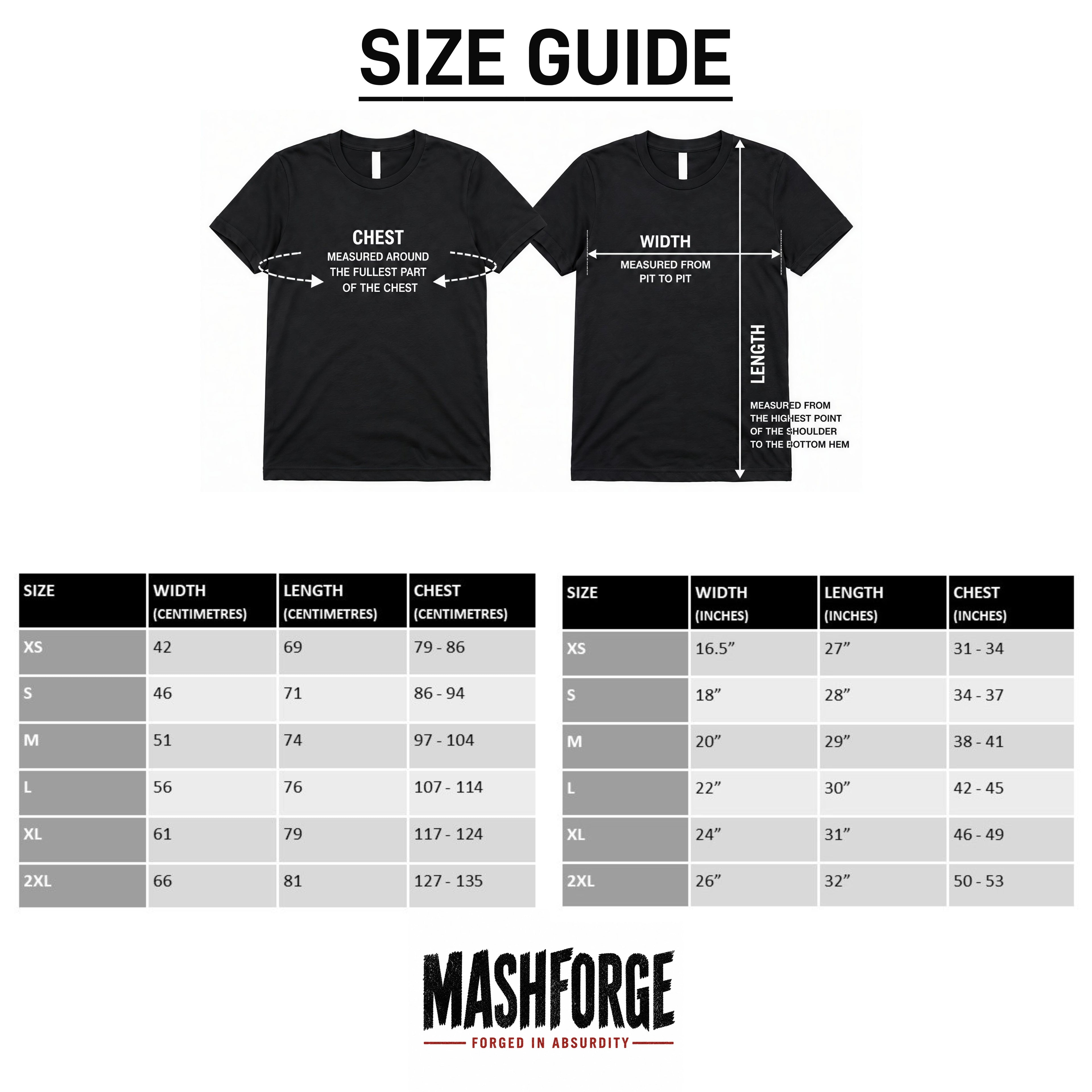 Size guide for t-shirts with measurements and Mashforge logo.