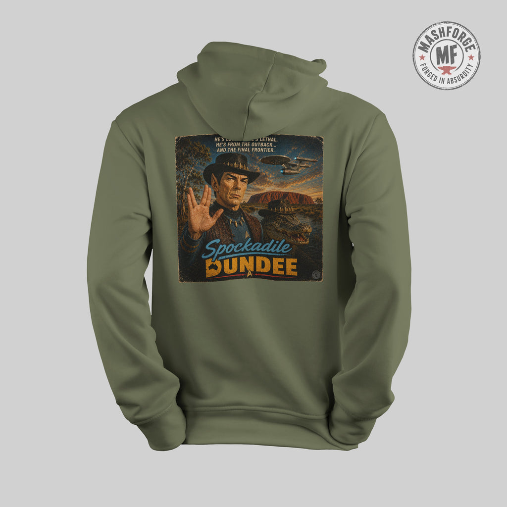Green hoodie with a graphic design on the back featuring a character and text, on a light gray background.