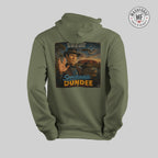 Green hoodie with a graphic design on the back featuring a character and text, on a light gray background.