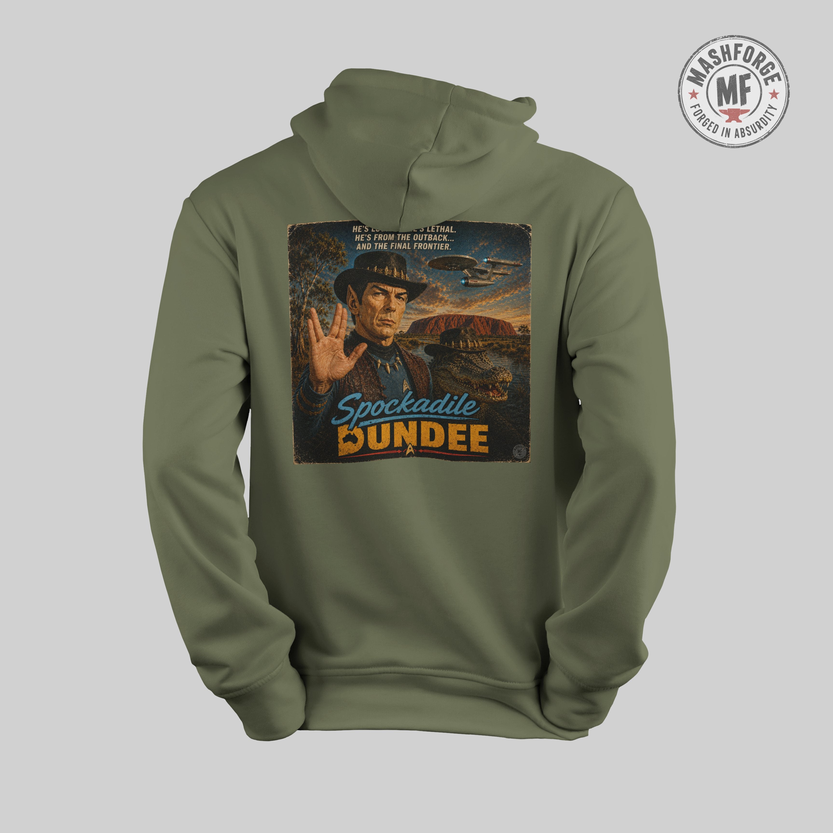 Green hoodie with a graphic design on the back featuring a character and text, on a light gray background.