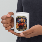 Person holding a mug with Star Trek-themed design featuring Captain Picard and Data.