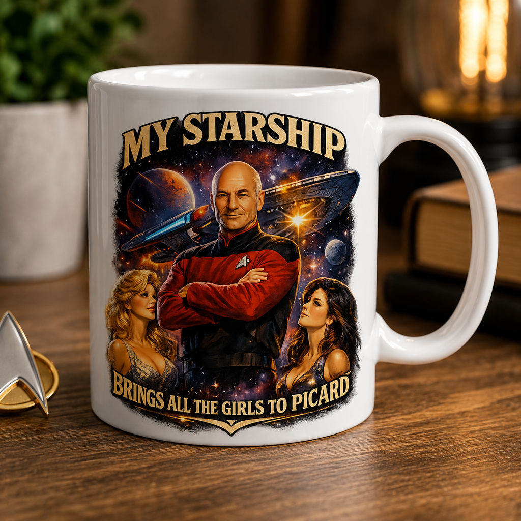 White mug with Star Trek-themed design featuring characters and text on a wooden surface.