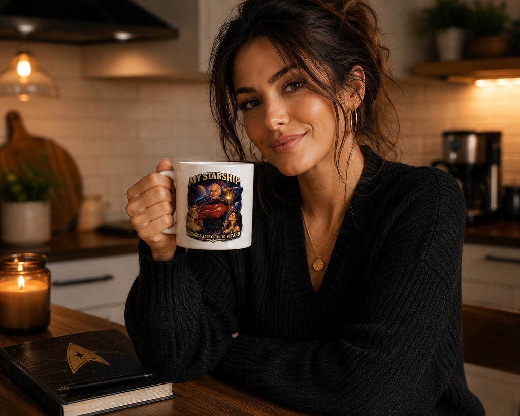 Woman holding a mug with a Star Trek design in a kitchen setting