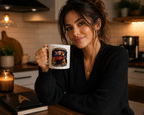 Woman holding a mug with a Star Trek design in a kitchen setting