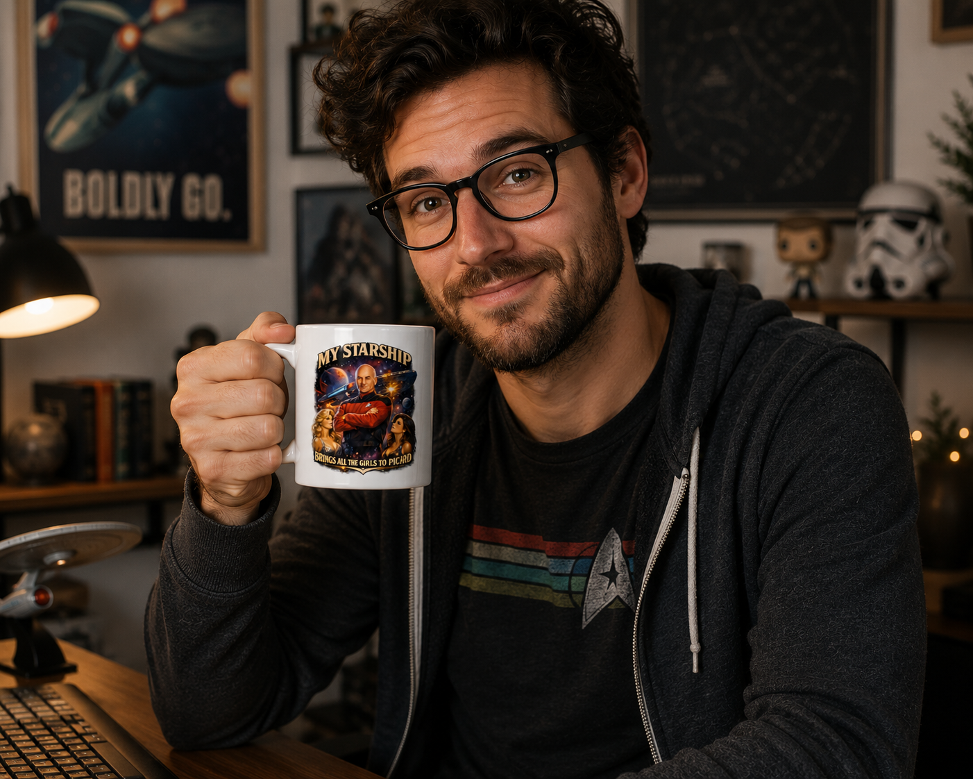 Man holding a mug with a Star Trek design in a room with Star Wars memorabilia.