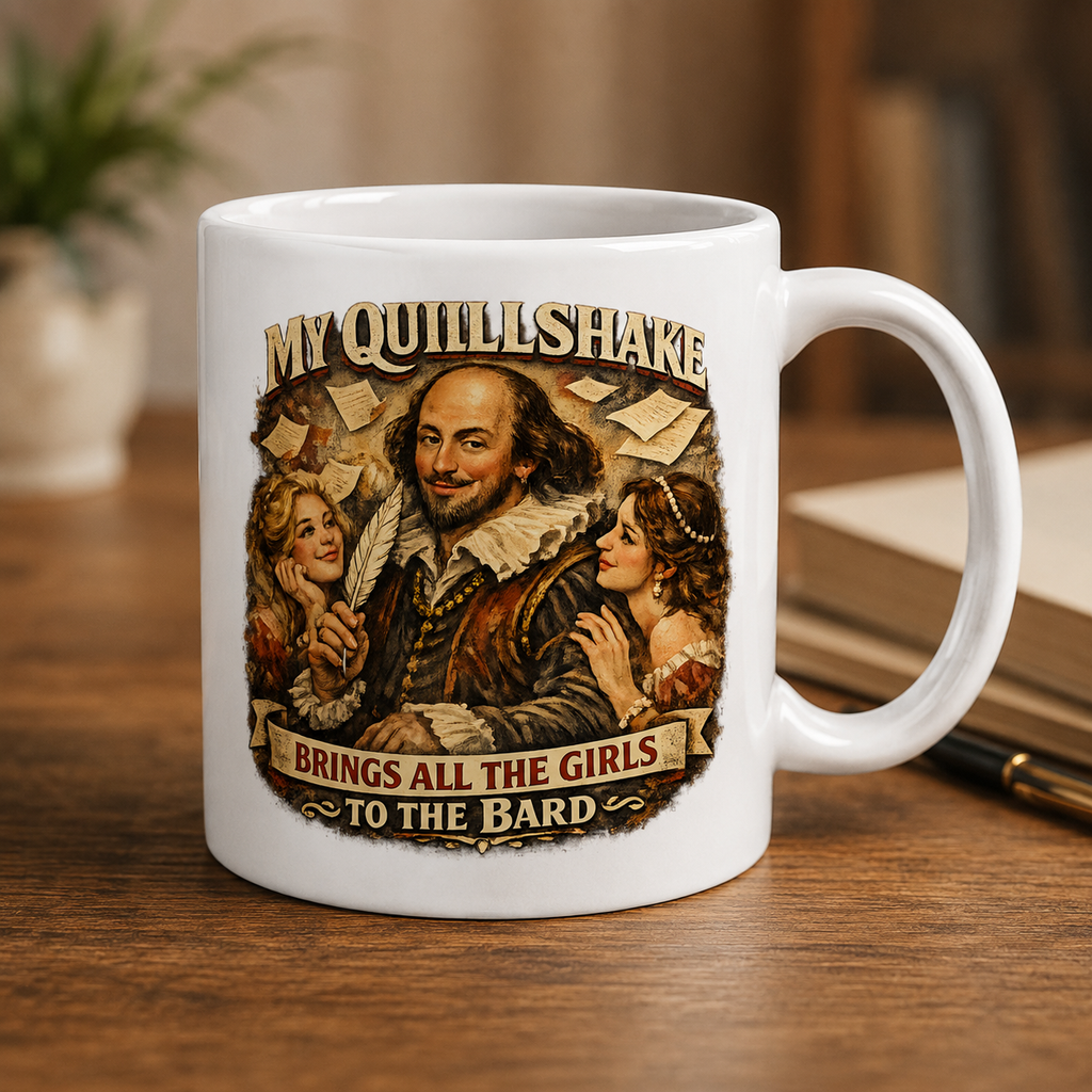 Mug with Shakespeare design and text on a wooden surface
