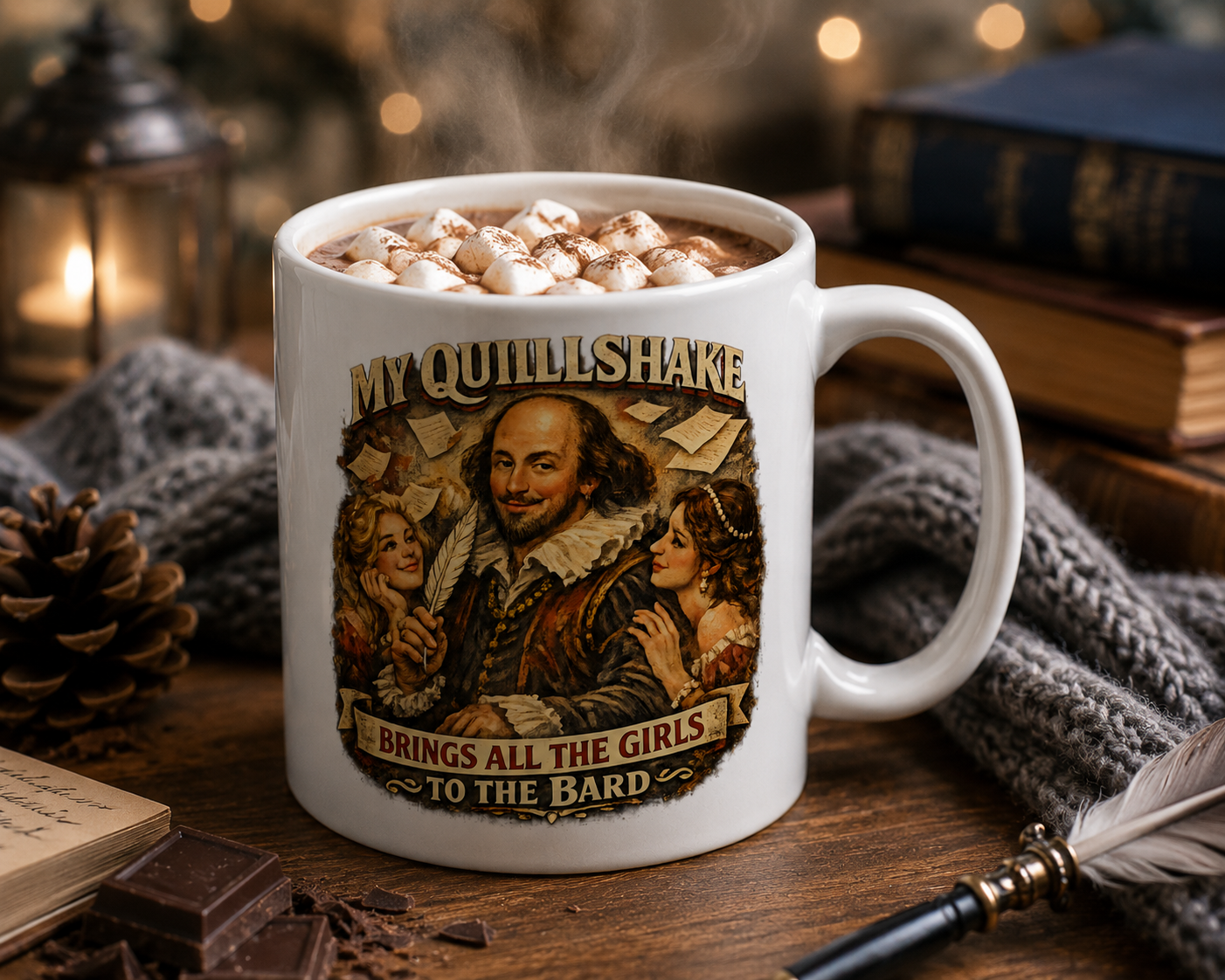 White mug with Shakespeare design on a wooden surface with hot chocolate and marshmallows.