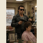 Man in leather jacket and sunglasses holding a hair dryer, sitting a woman in a salon chair.