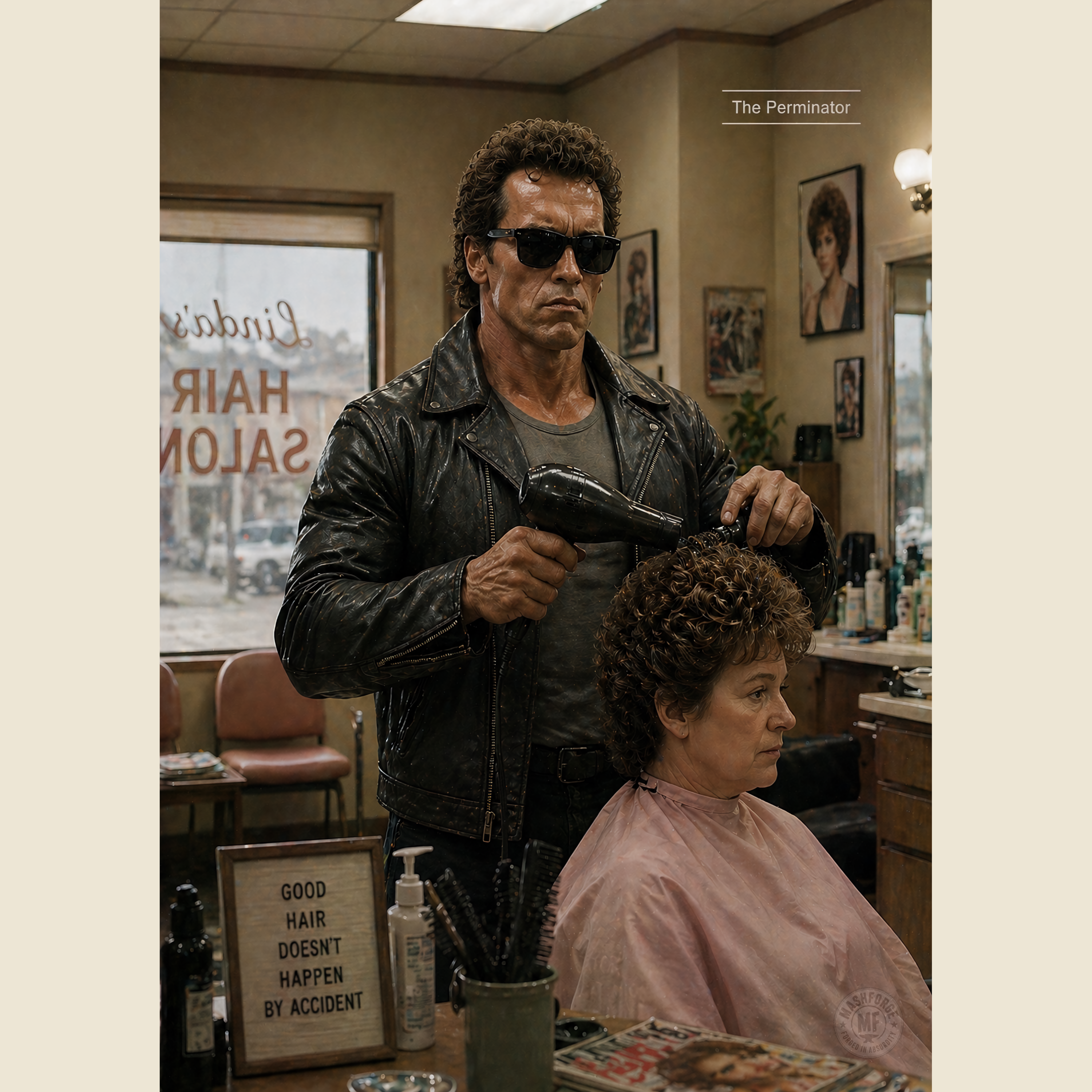 Man in leather jacket and sunglasses holding a hair dryer, sitting a woman in a salon chair.